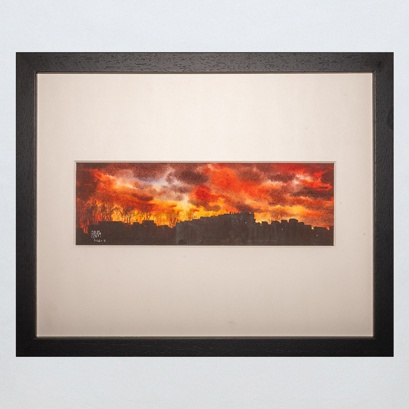 Crimson Horizon Framed Watercolor Art